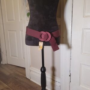 Vtg Burgundy Double Ring Buckle Os Stretchy Belt